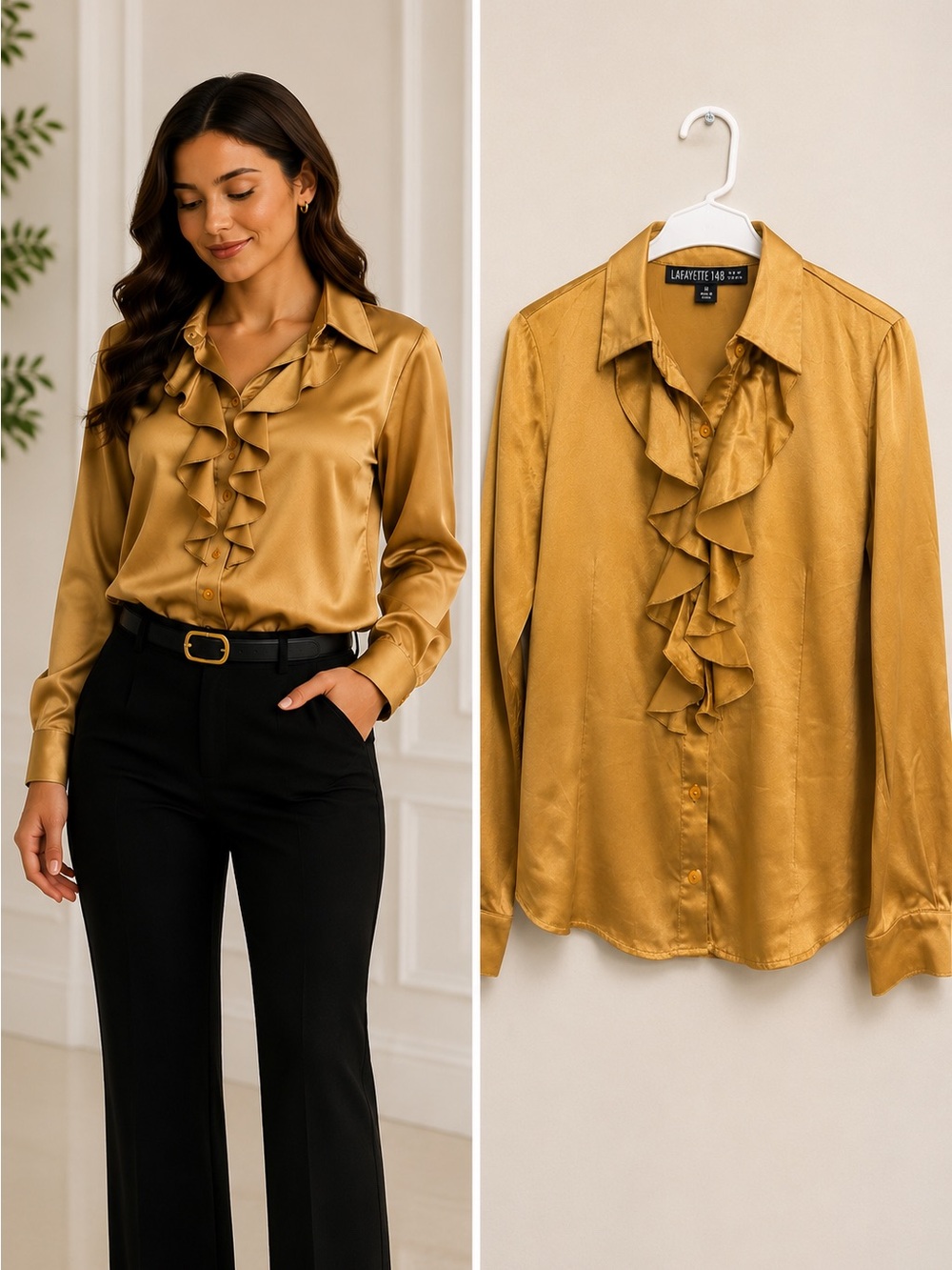 Lafayette 148 New York Metallic Gold Ruffle-Front Silk Blouse Size 4